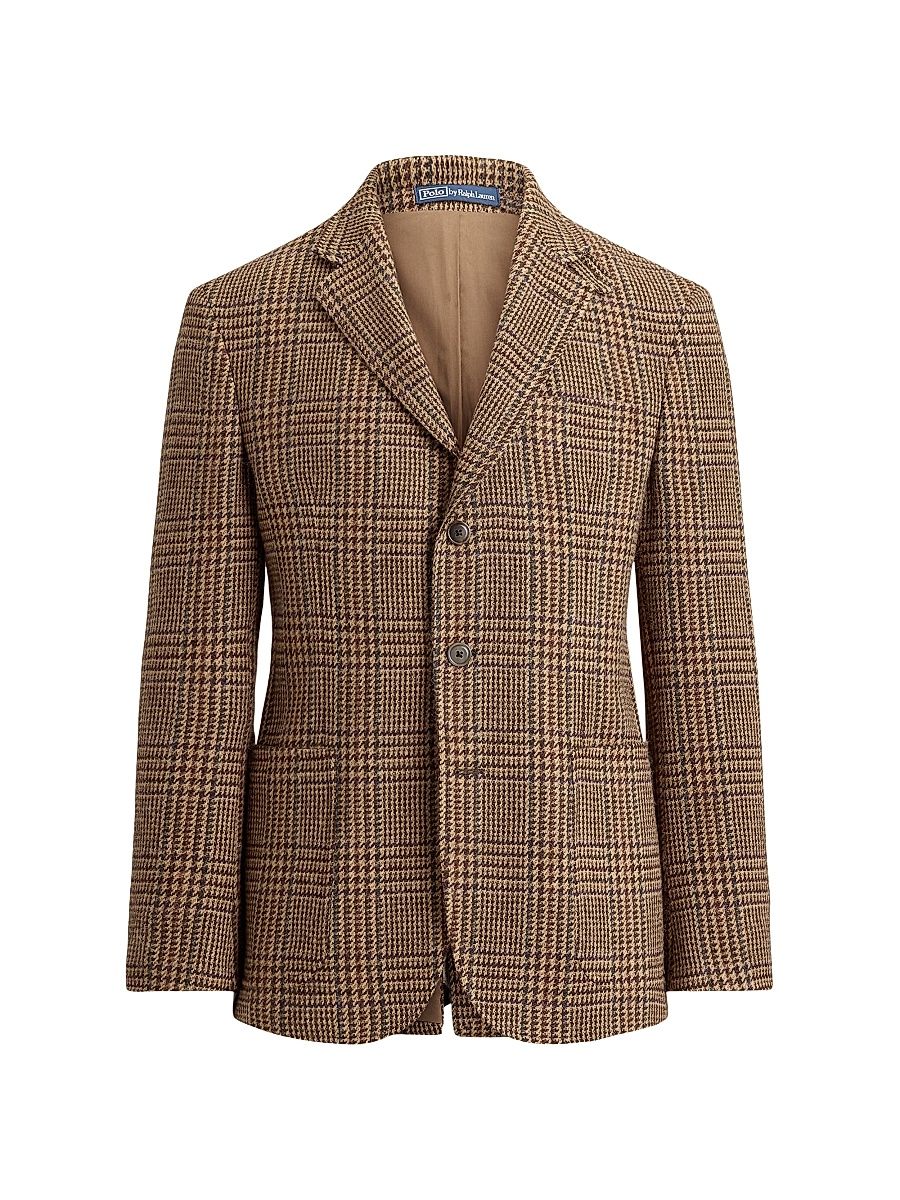 Men's Plaid Wool Single-Breasted Blazer - Tan Multi - Size 46
