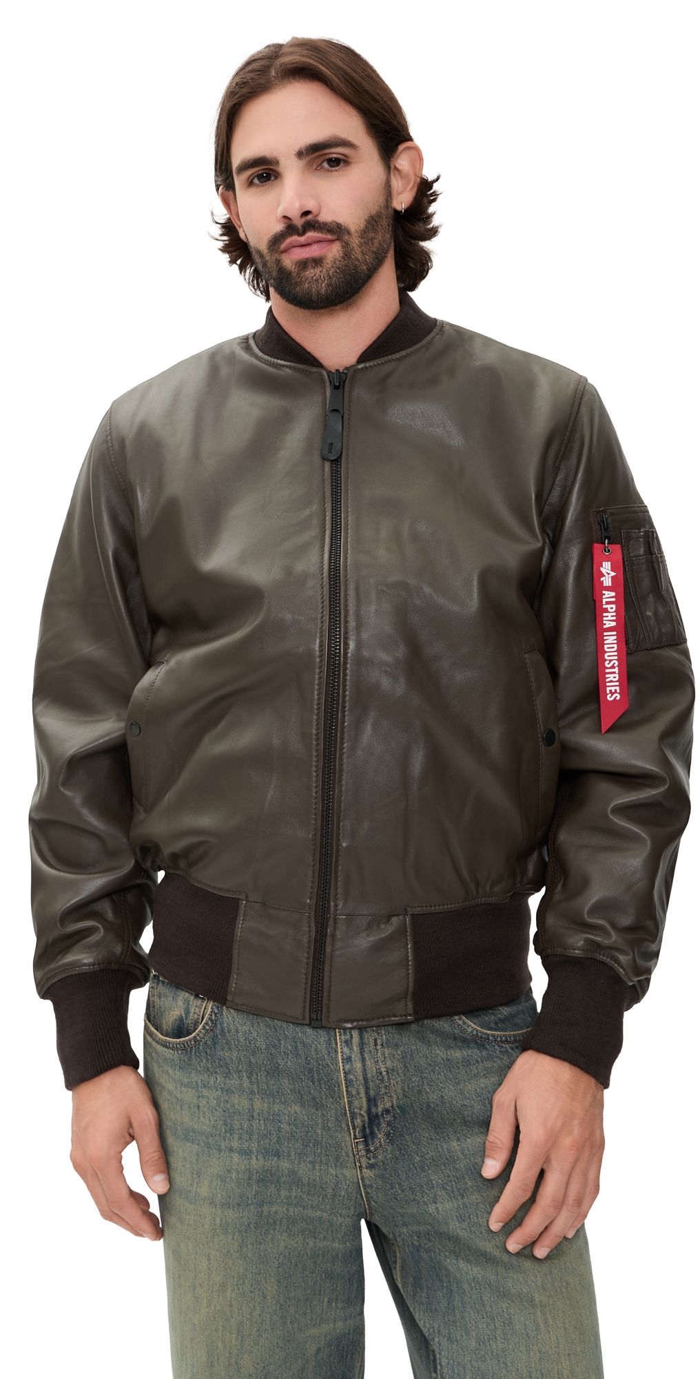 Alpha Industries Leather Ma-1 Heritage Fit Flight Jacket Hickory S