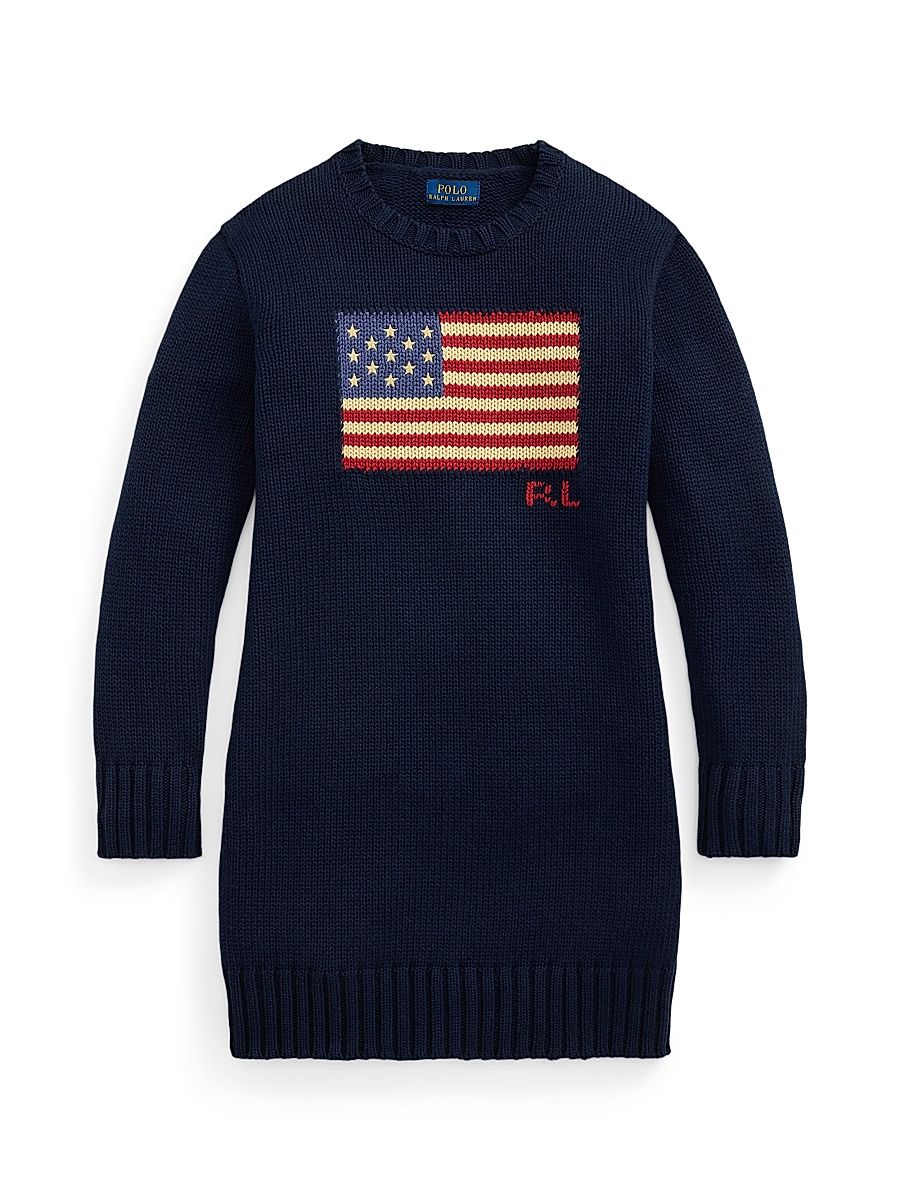 Girl's Flag Intarsia Sweater Dress - Hunter Navy - Size 16