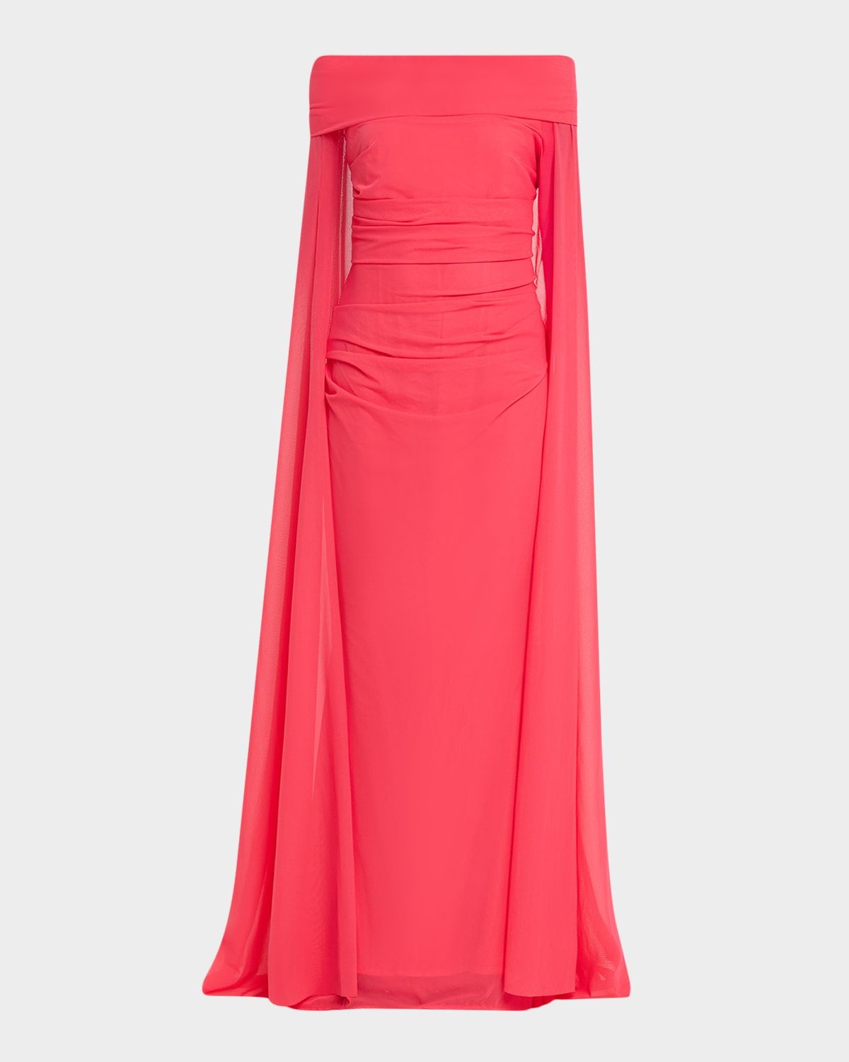 Ruched Off-The-Shoulder Mesh Cape Gown