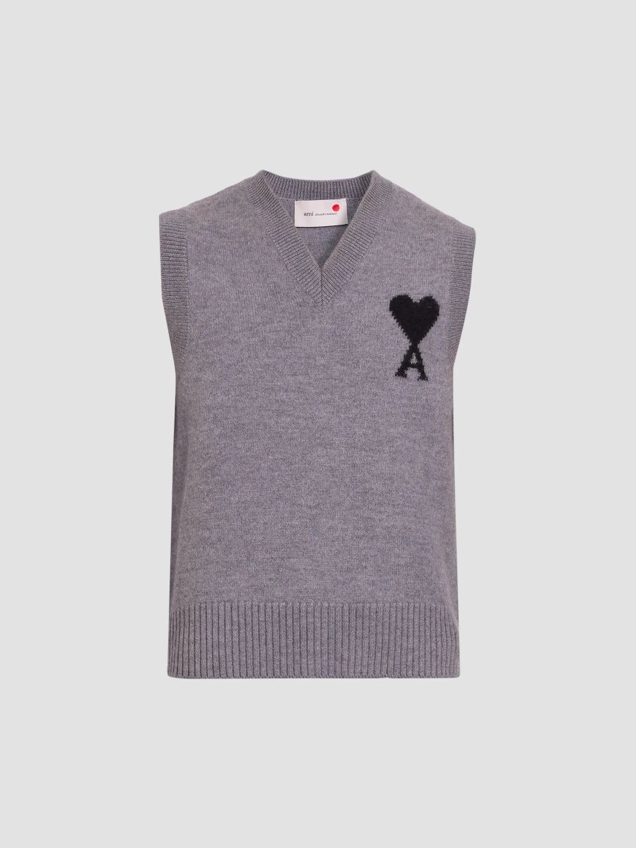 AMI Paris Men's Quota Ami De Coeur Logo Knit Vest - Gris Cendre Chine - Size XXL