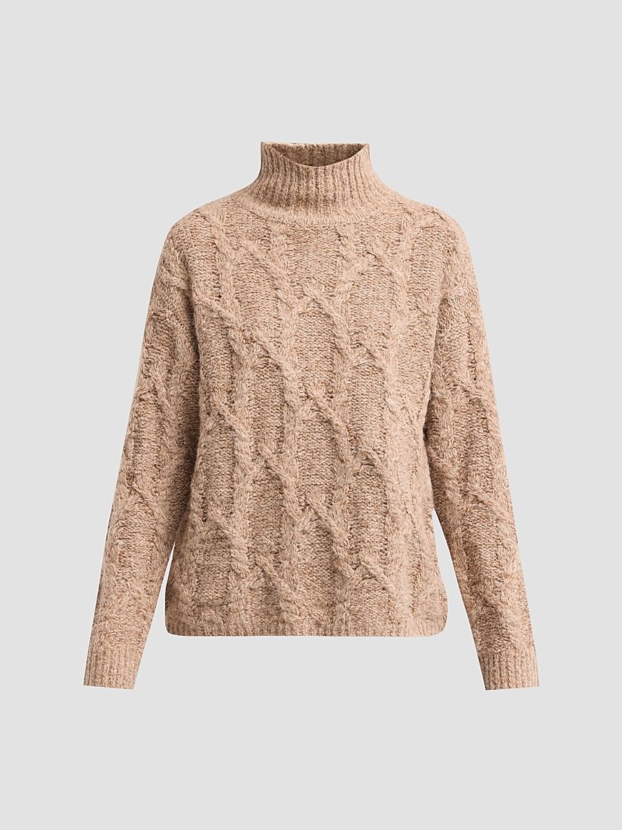 Women's Opaline Cable-Knit Turtleneck Sweater - Marled Camel - Size XL