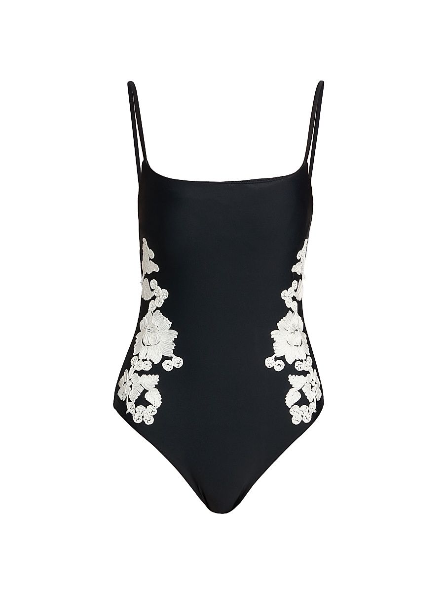 Women's Juniper Embroidered One-Piece Swimsuit - Black Multi - Size Small