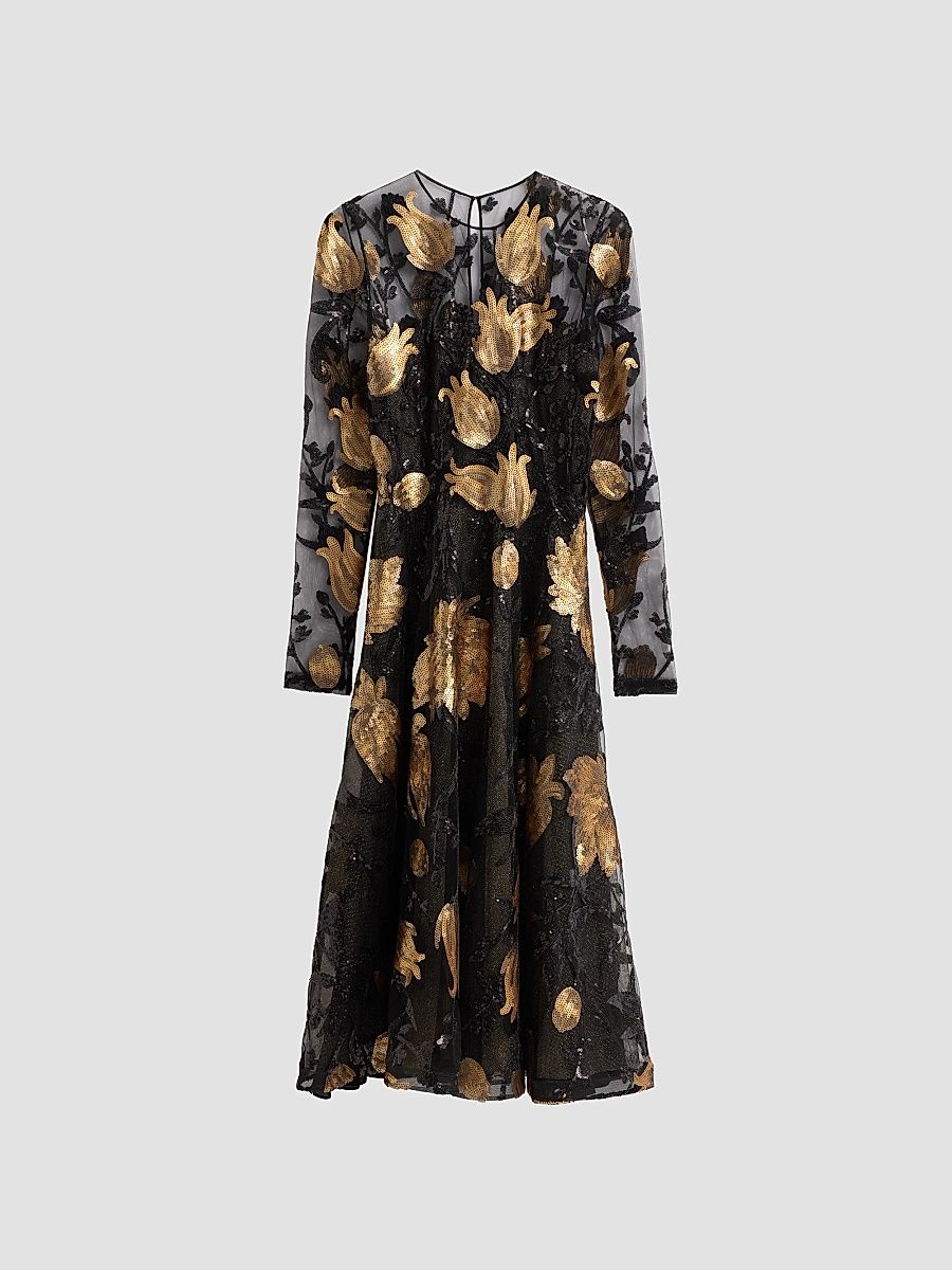 Naeem Khan Women's Sequined Lace Long-Sleeve Illusion Midi Cocktail Dress - Black Gold - Size 8