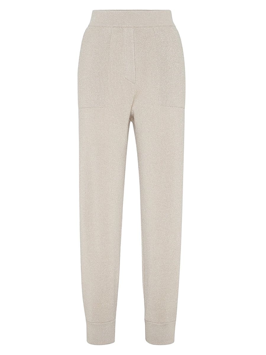 Women's Sparkling Cashmere English Rib Knit Trousers - Cool Beige - Size Medium