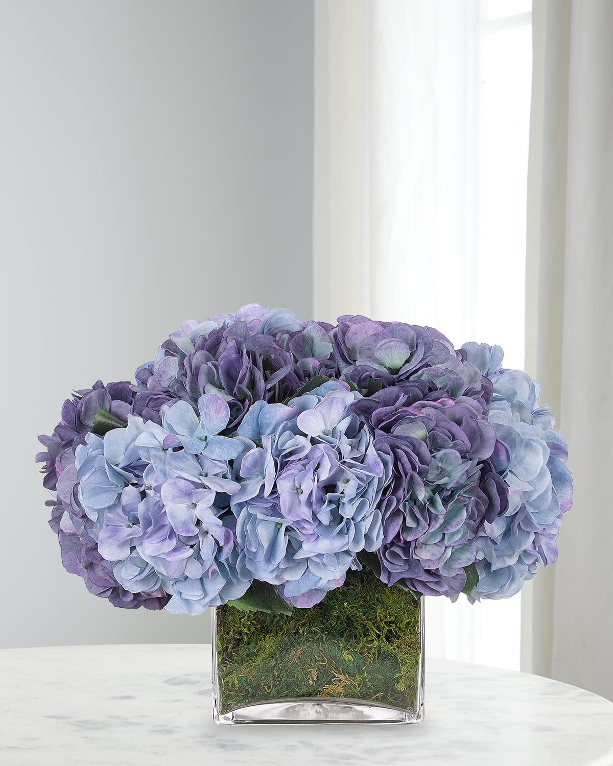 Hydrangeas 14" Faux Floral Arrangement in Moss Garden Glass Cube