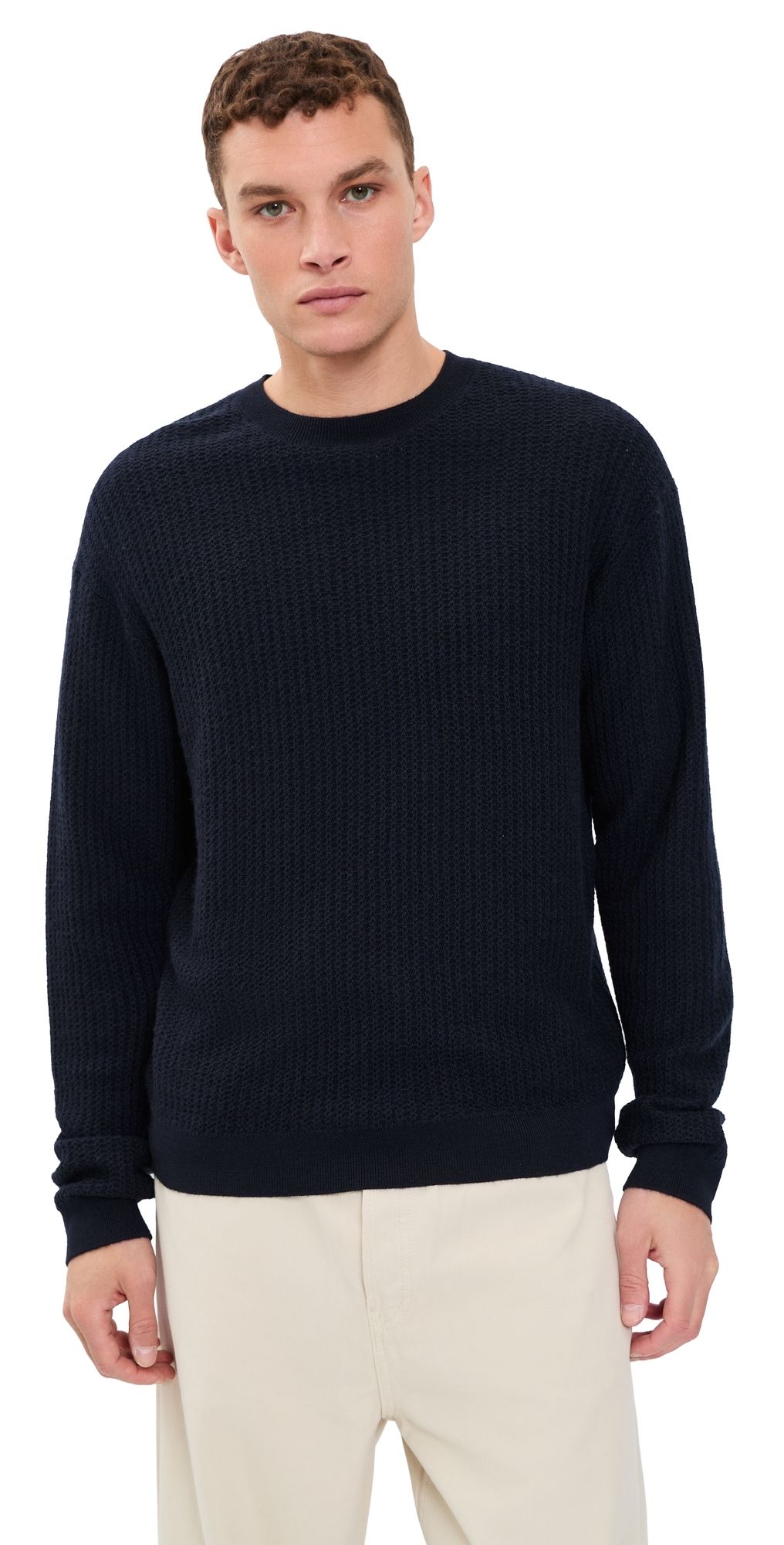 FRAME Textured Crew Neck Wool Sweater Dark Navy S