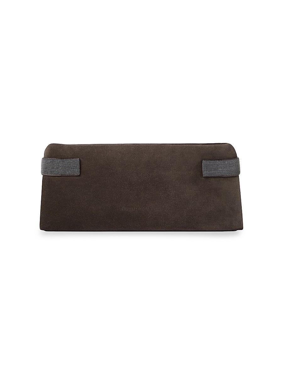 Women's Essence Pouch Bag in Suede with Precious Bands - Pine Cone Brown