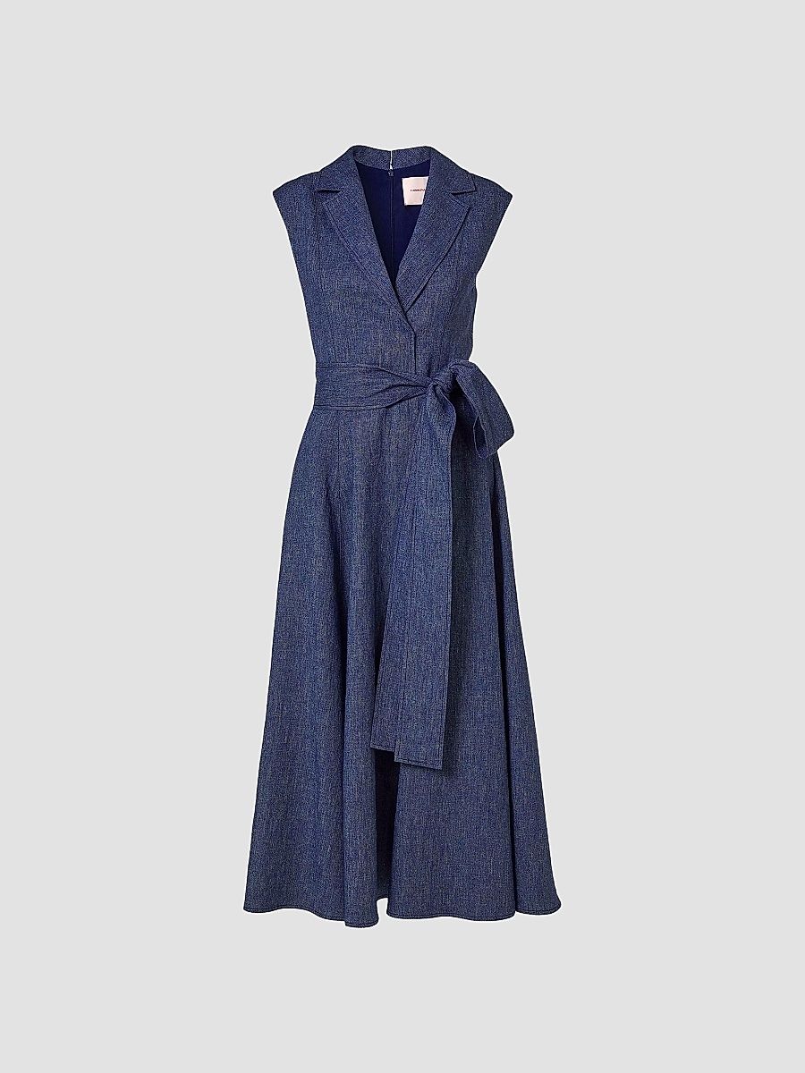 Women's Linen-Blend Sleeveless Trench Midi-Dress - Dark Blue - Size 8