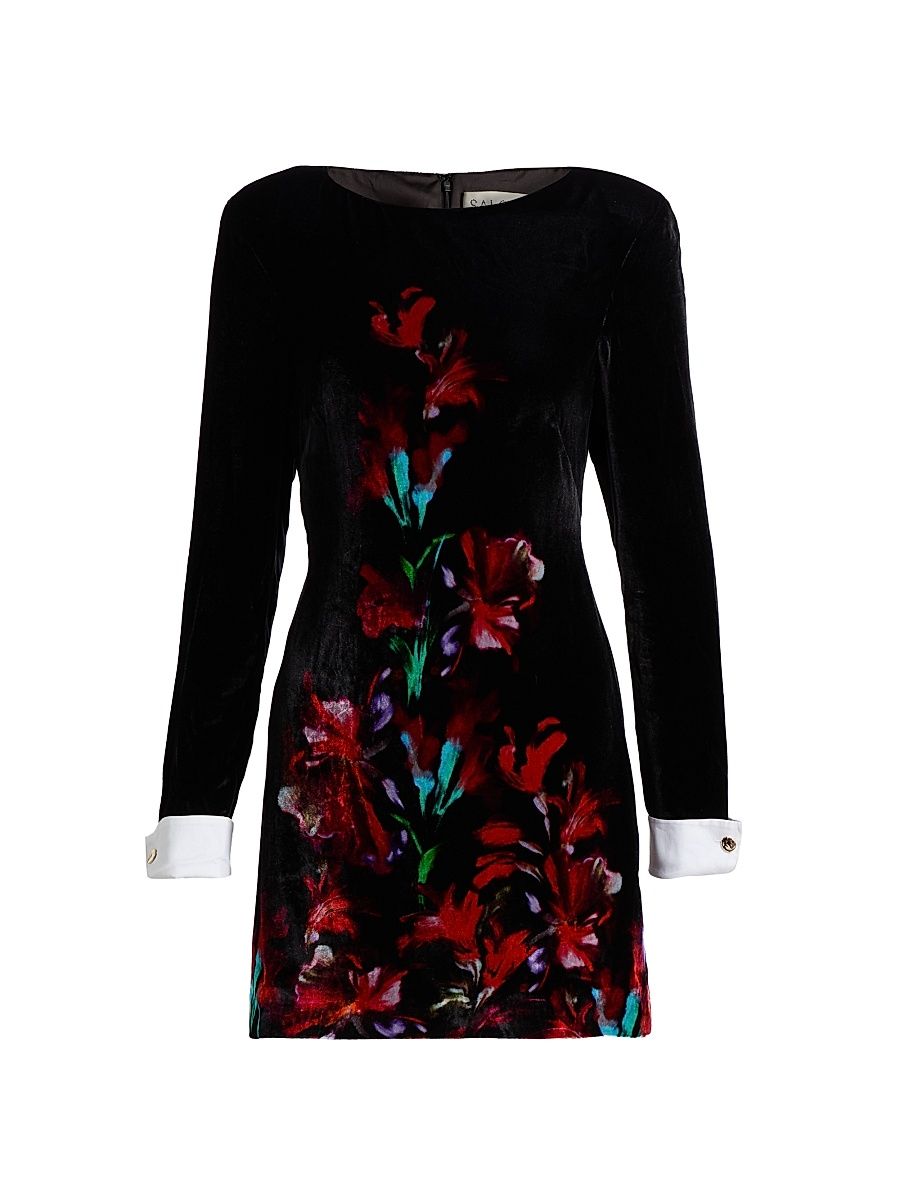 Women's Lucia Floral Velvet Minidress - Aquarelle Rouge - Size 12