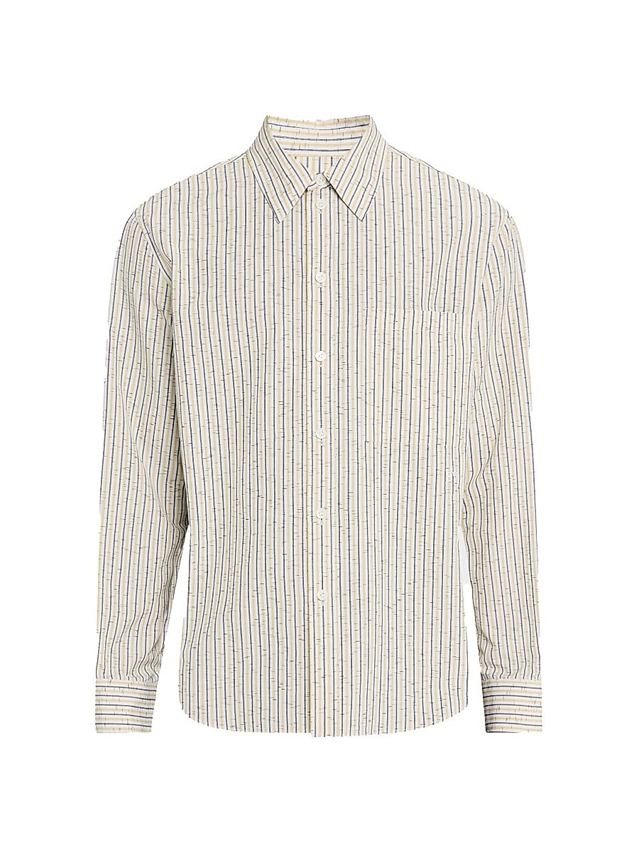 Men's Striped Cotton-Linen Blend Long-Sleeve Shirt - Chalk Charcoal - Size 42