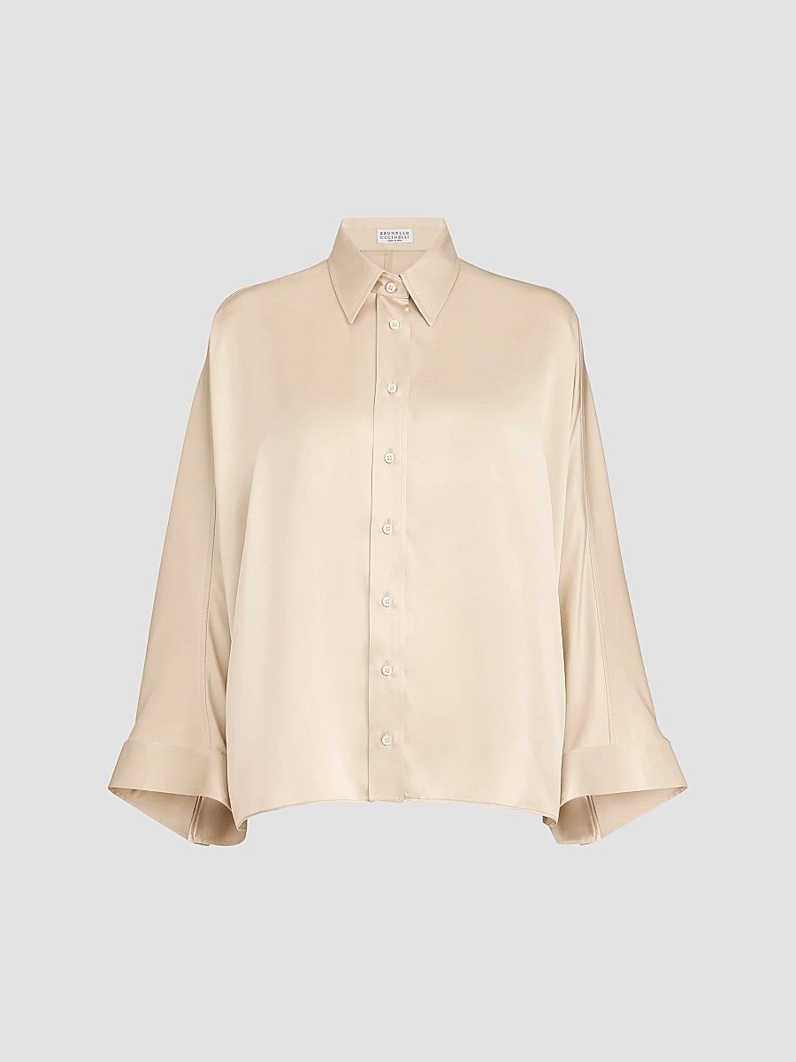 Brunello Cucinelli Women's Stretch Silk Satin Shirt with Monili - Sand - Size Medium