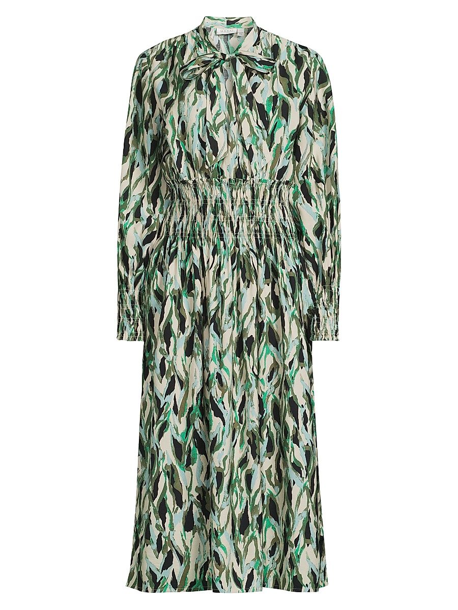 Women's Nomina Printed Smocked Midi-Dress - Dark Lichen Green - Size XL