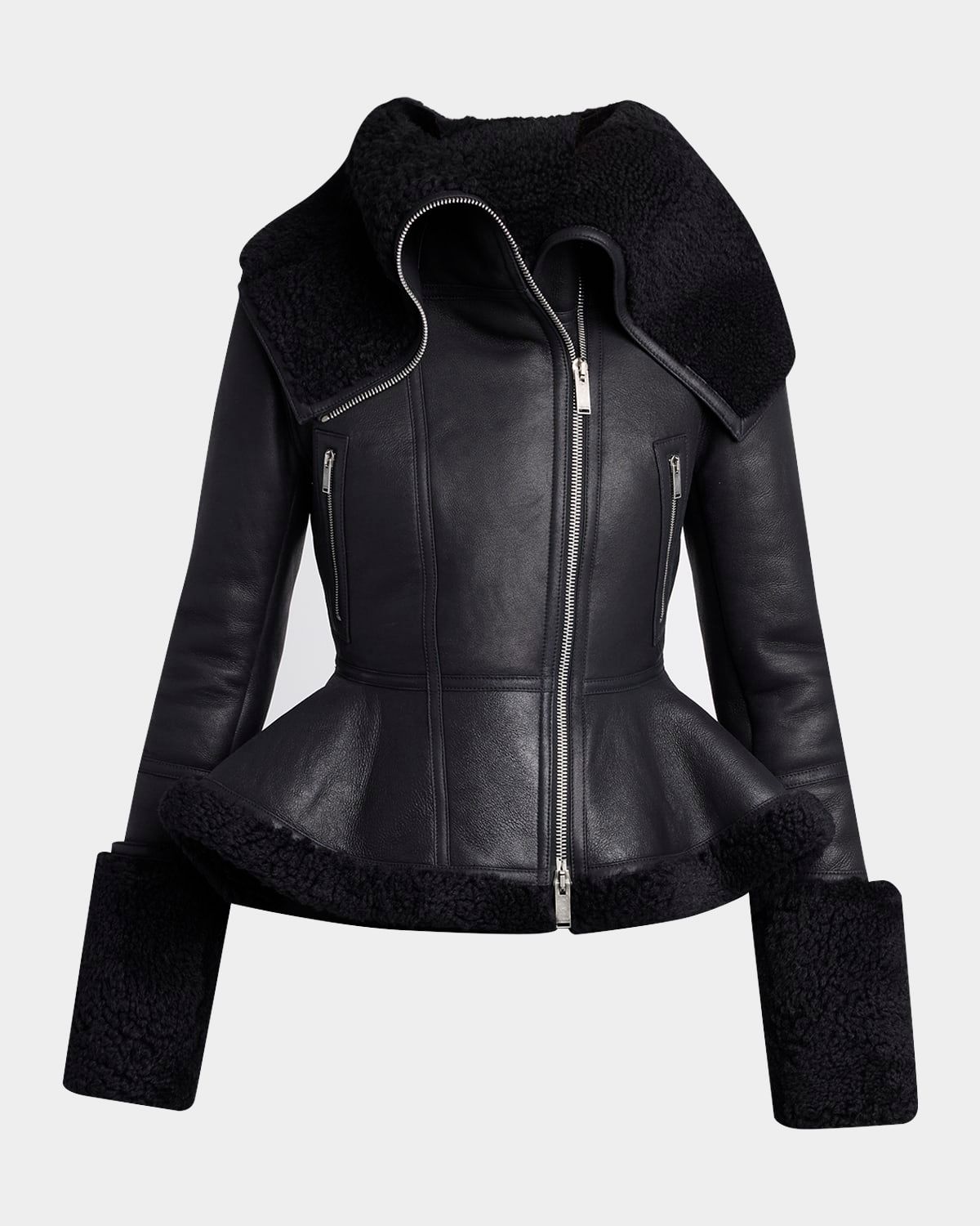 Funnel-Neck Lamb Shearling Peplum Aviator Jacket