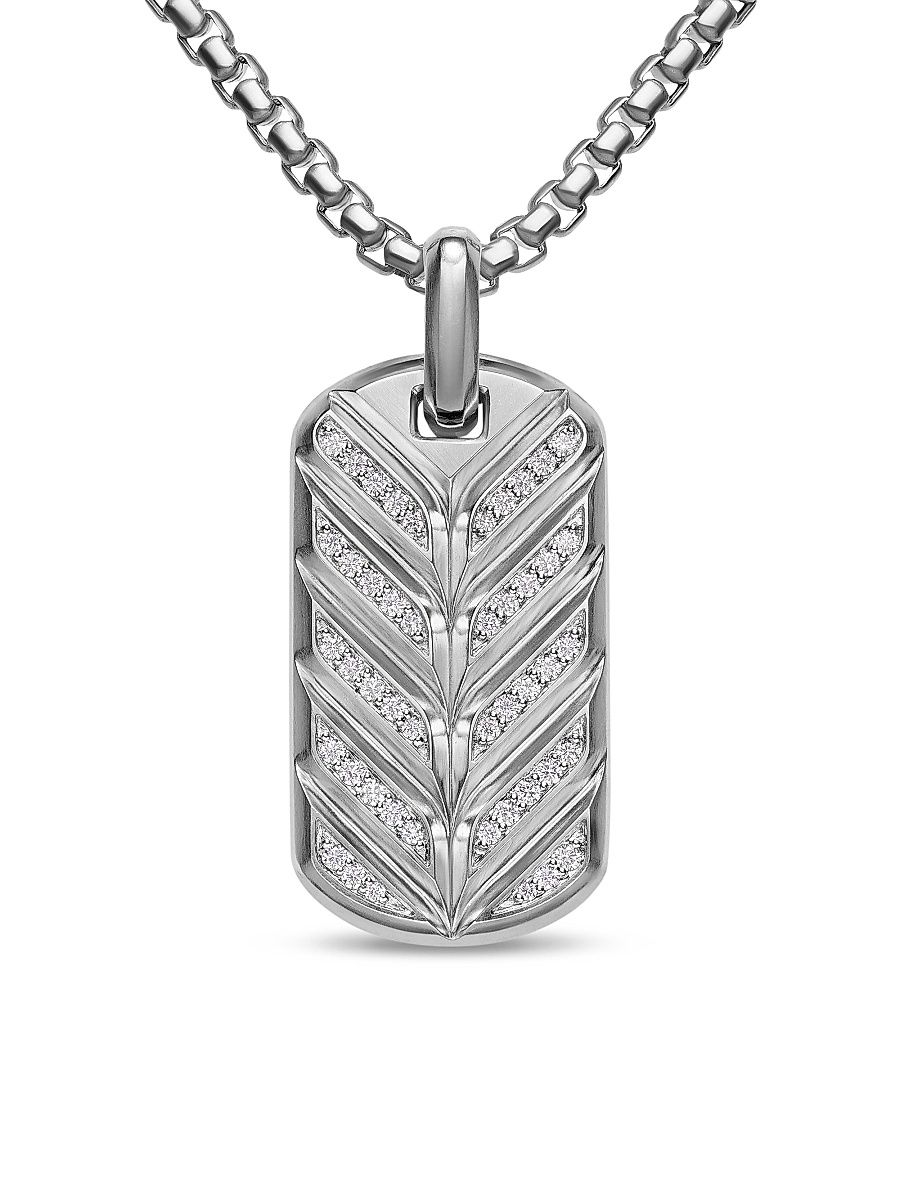 Men's Chevron Fluorescent Tag in Sterling Silver with Diamonds, 35MM - Silver