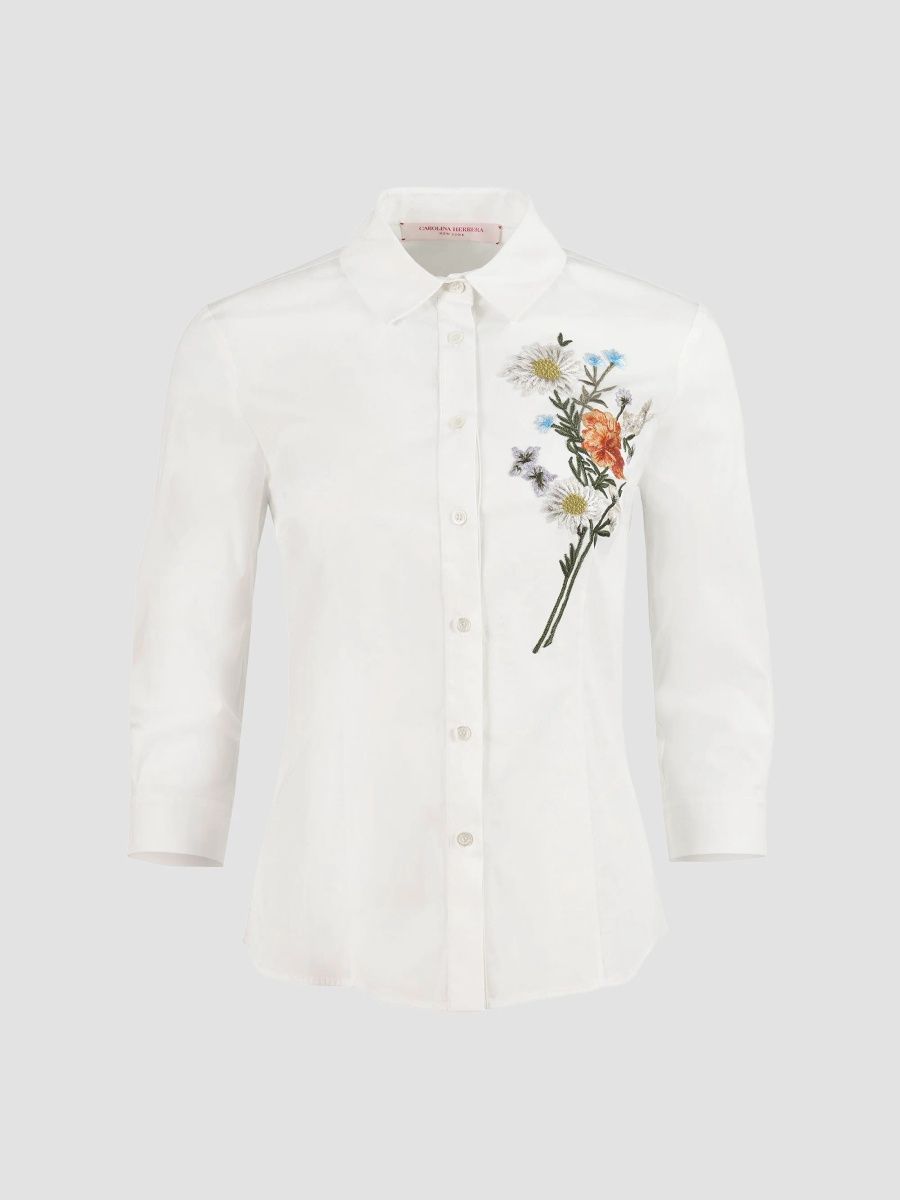Carolina Herrera Women's Embroidered Floral Cotton-Blend Shirt - White - Size 16