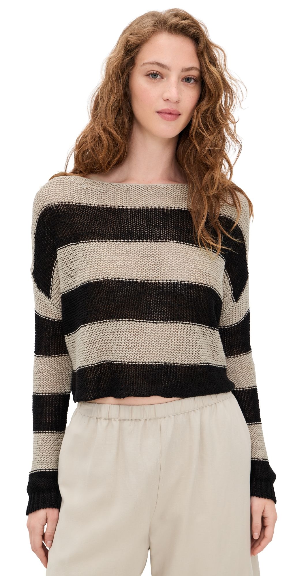 Enza Costa Stripe Linen Bateau Sweater Oatmeal/Black XL