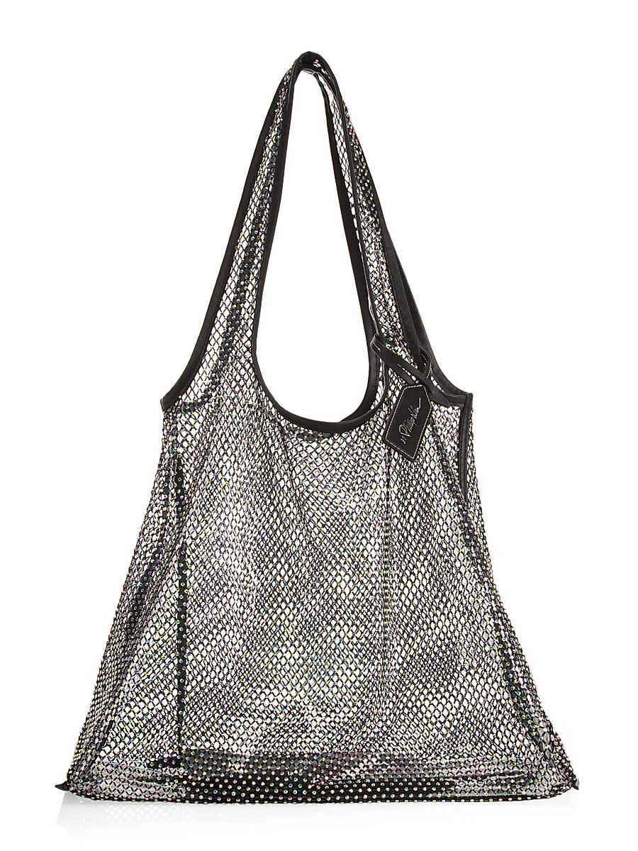 Women's Crystal-Embellished Mesh Market Tote - Black