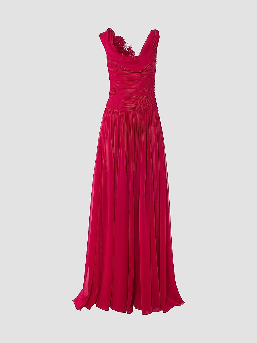 Women's Draped Silk Pleated Gown - Cranberry - Size 10