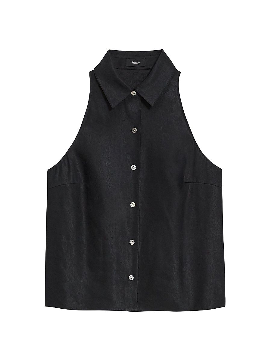 Women's Sleeveless Linen-Blend Button-Front Blouse - Black - Size Large