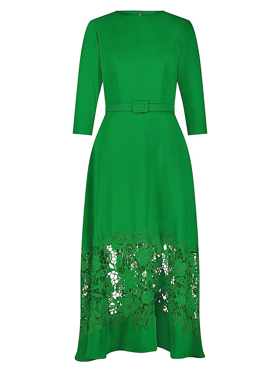 Women's Crepe Lace Belted Midi-Dress - Spring Green - Size Large