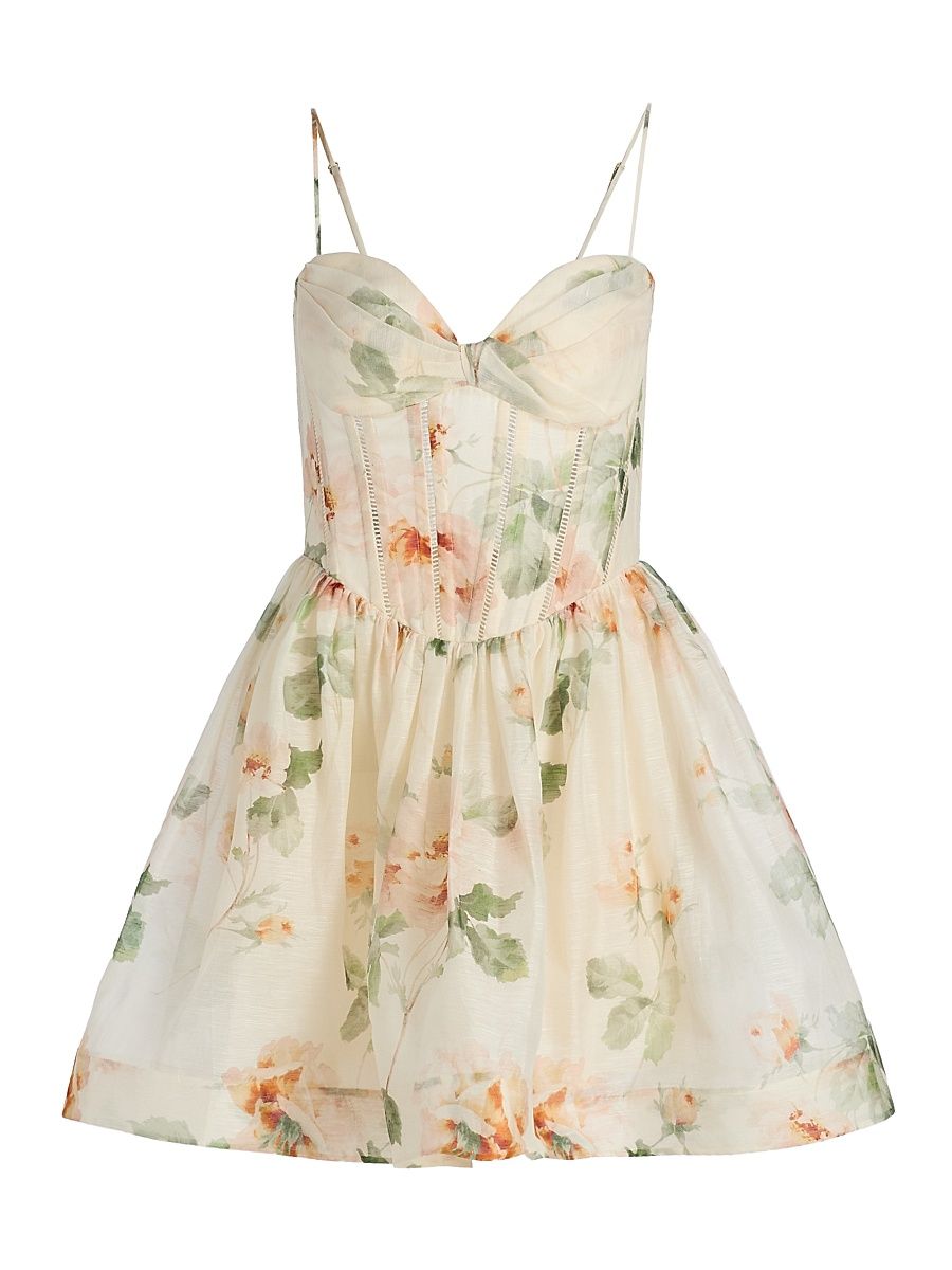 Women's Carousel Floral Linen-Silk Corset Minidress - Cream Rose - Size 8