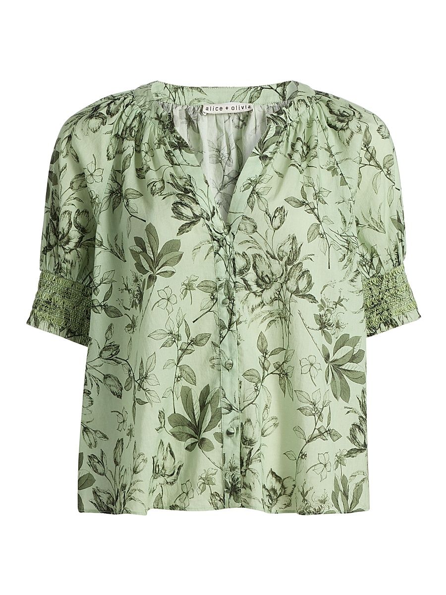 Women's Thalia Printed Puff-Sleeve Blouse - Mystic Garden Sage - Size XL
