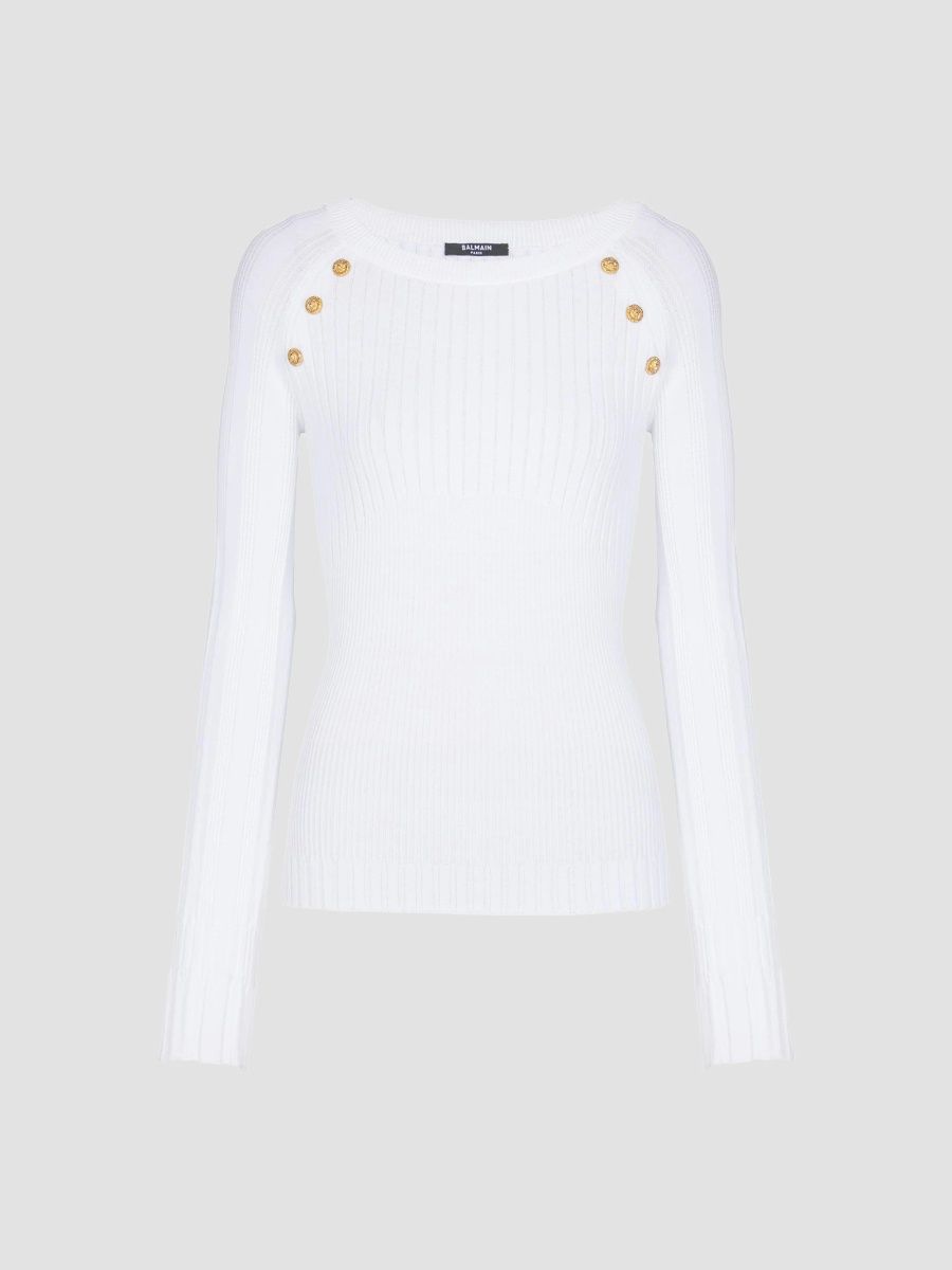 Balmain Women's Buttoned-Shoulder Boatneck Sweater - Blanc - Size 8