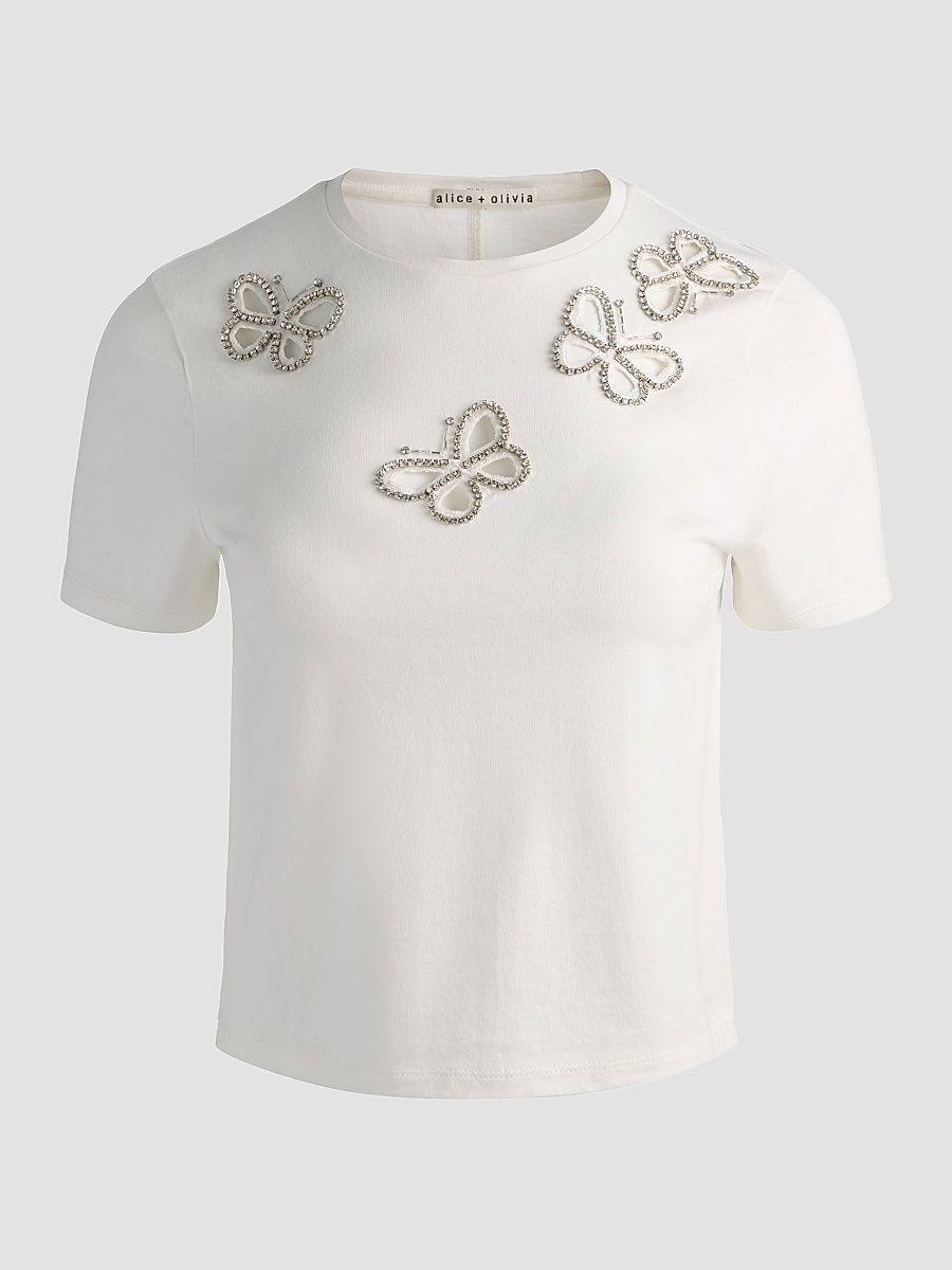 Women's Cindy Embellished Cropped Tee - Off White Silver Crystal - Size XL