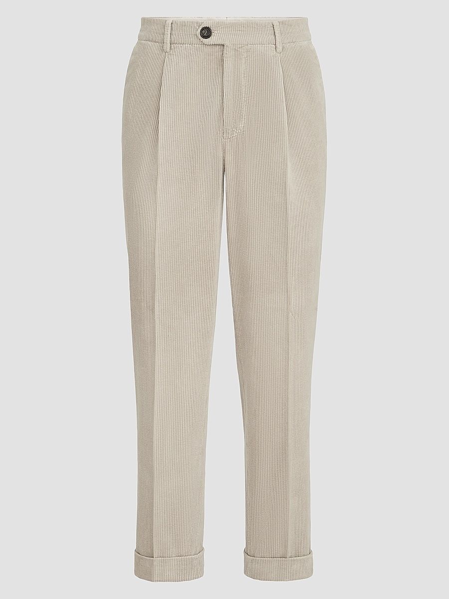 Men's Garment-Dyed Trousers in Cotton Corduroy with Pleats - Beige - Size 32