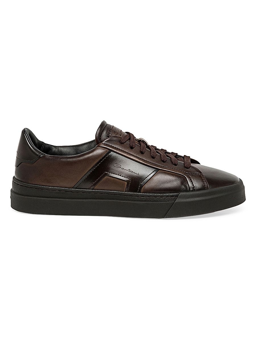 Men's Double Buckle Leather Sneakers - Dark Brown - Size 8
