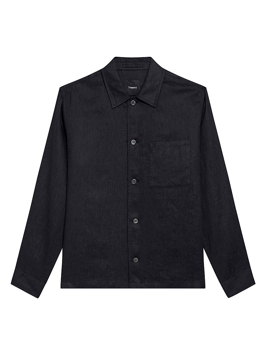 Men's Linen Relaxed-Fit Button-Front Shirt - Black - Size Large