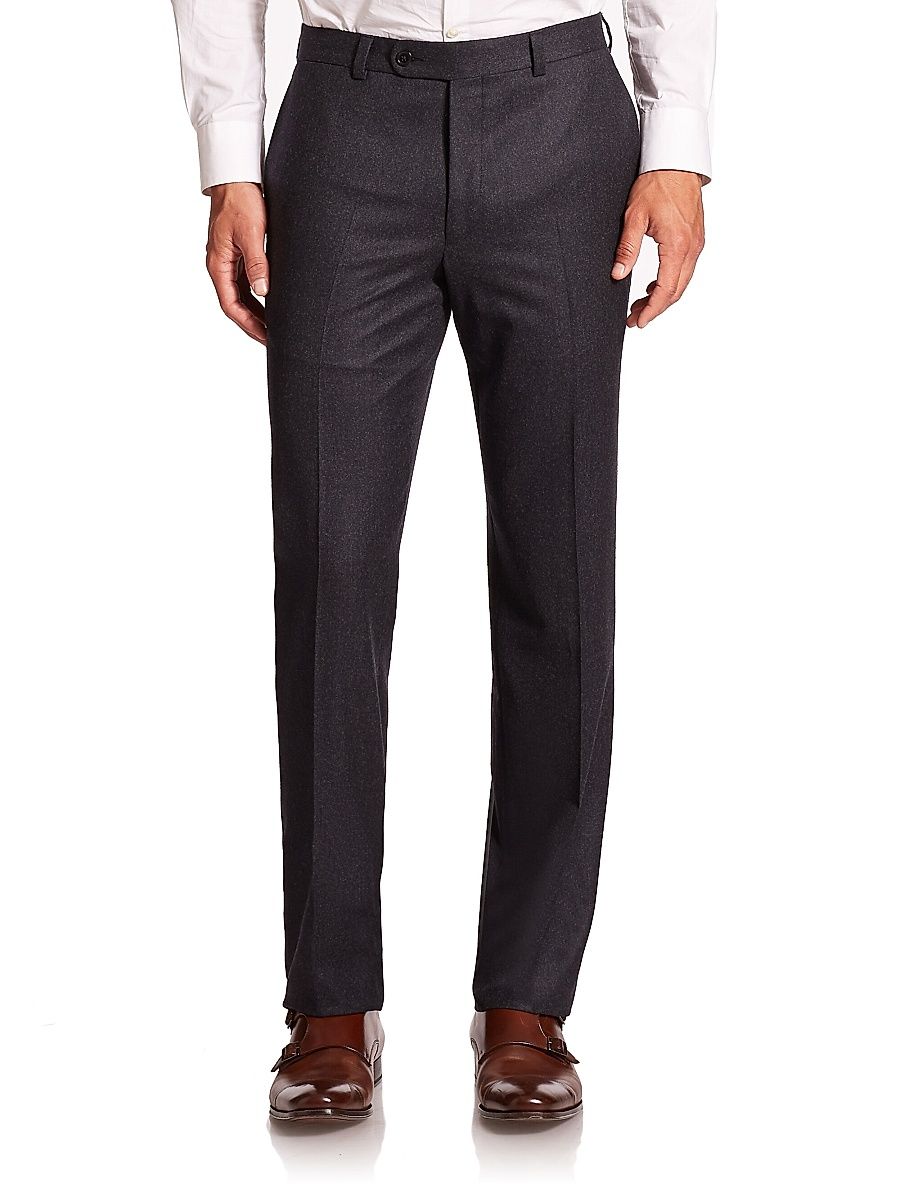 Men's COLLECTION Wool Flat-Front Pants - Charcoal - Size 42