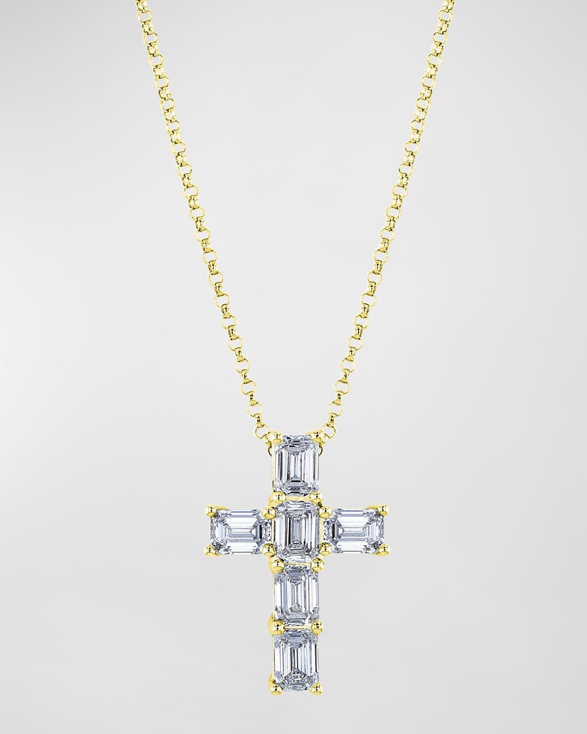 18K Gold 6-Stone Shared Prong Emerald Cut Diamond Cross Necklace, 16"L, 1.50tcw