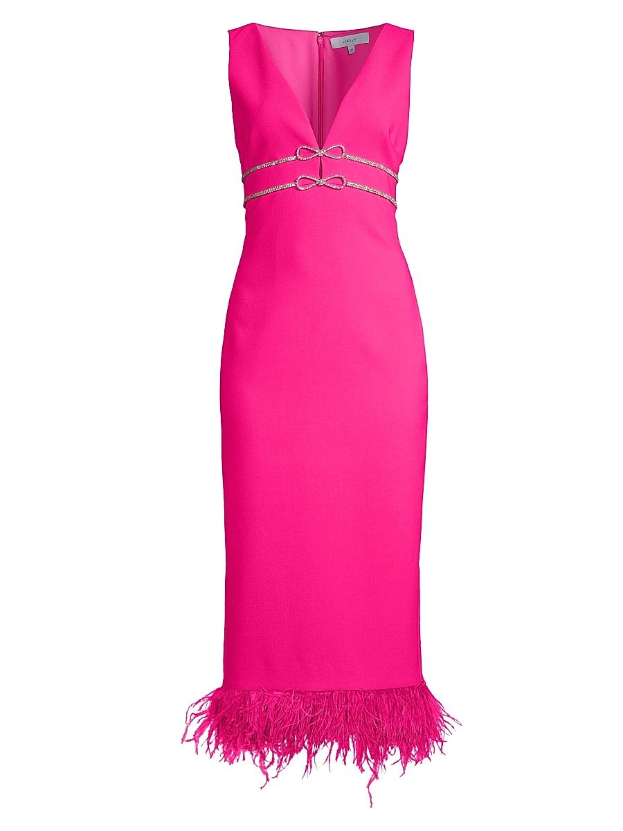 Women's Corianne Crystal Bow & Feather Midi-Dress - Fuchsia - Size 0