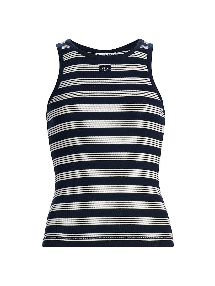 Women's Logo-Embroidered Striped Cotton Tank - Sky Captain - Size XXS