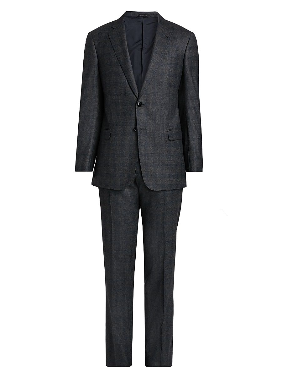 Men's Windowpane Plaid Wool-Cashmere Suit - Dark Grey Blue - Size 42