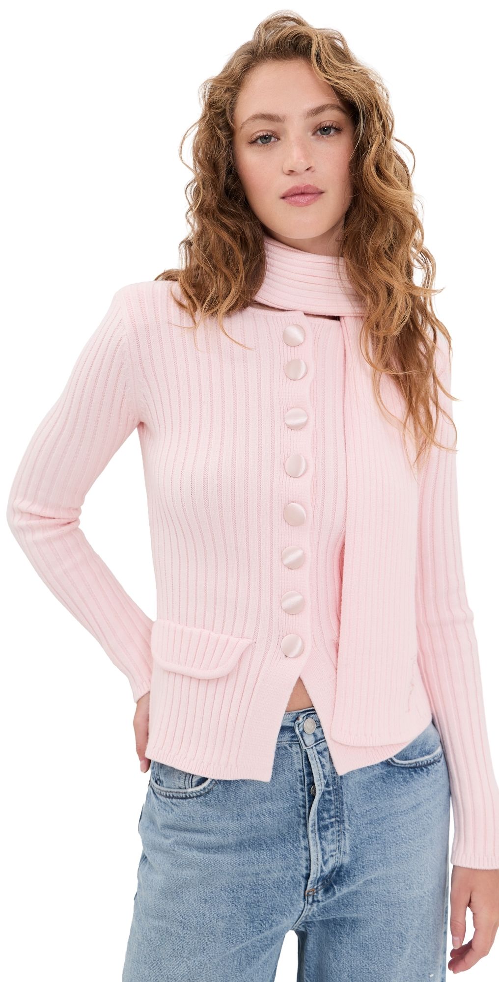 House of Sunny Classic Rib Knit Cardigan Pale Pink 10