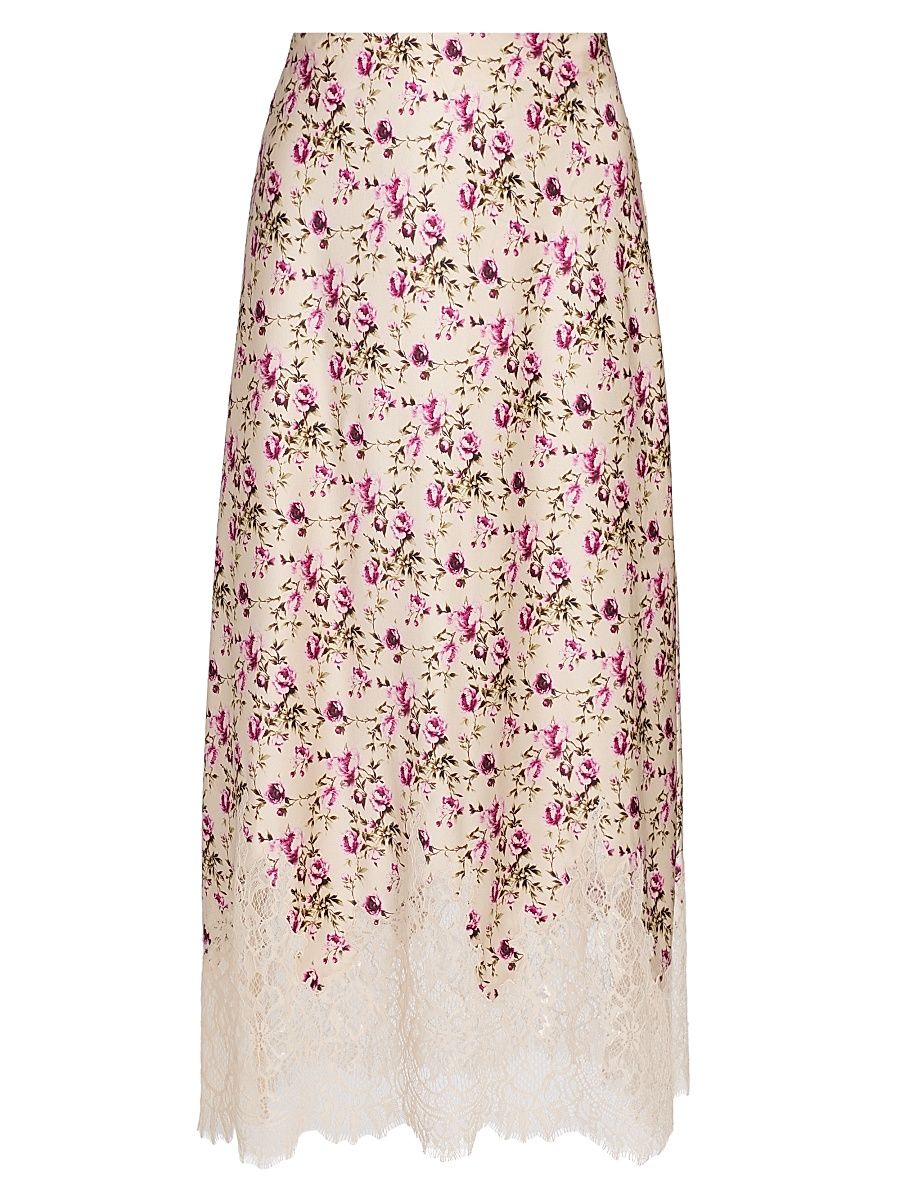 Women's Vivienne Lace-Trimmed Floral Stretch-Silk Maxi Skirt - Camellia Ditsy - Size Large