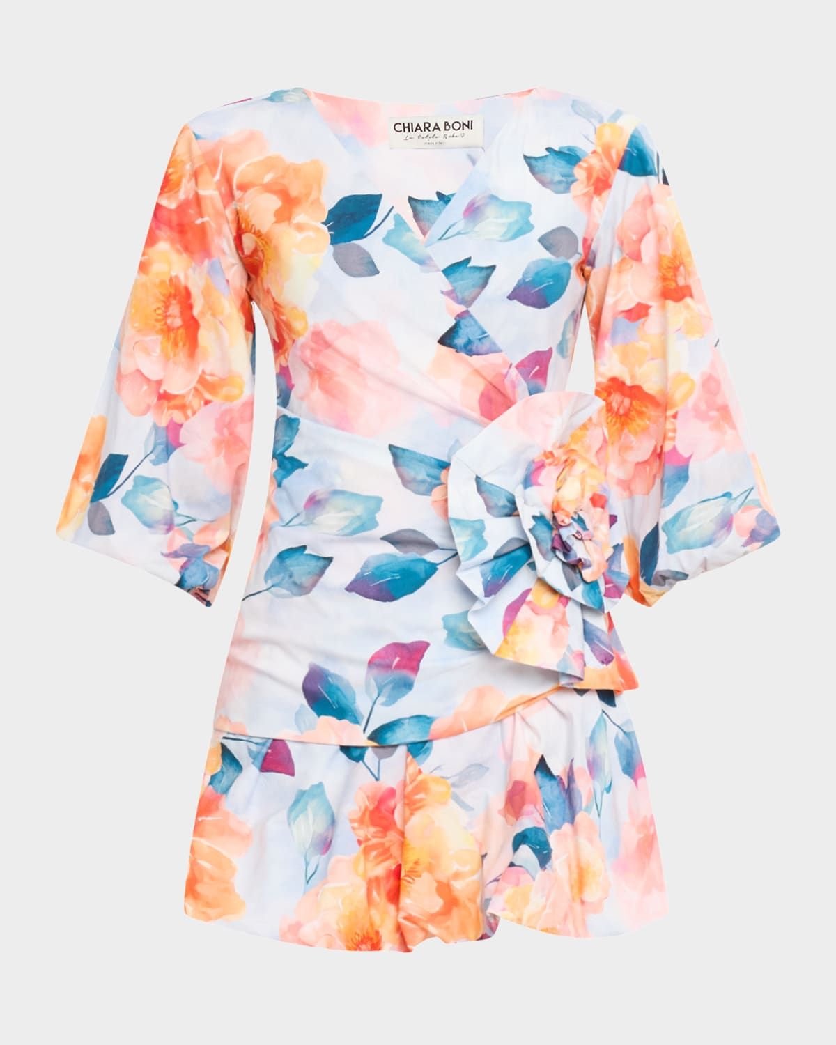 Ruched Watercolor-Print Bubble Mini Dress