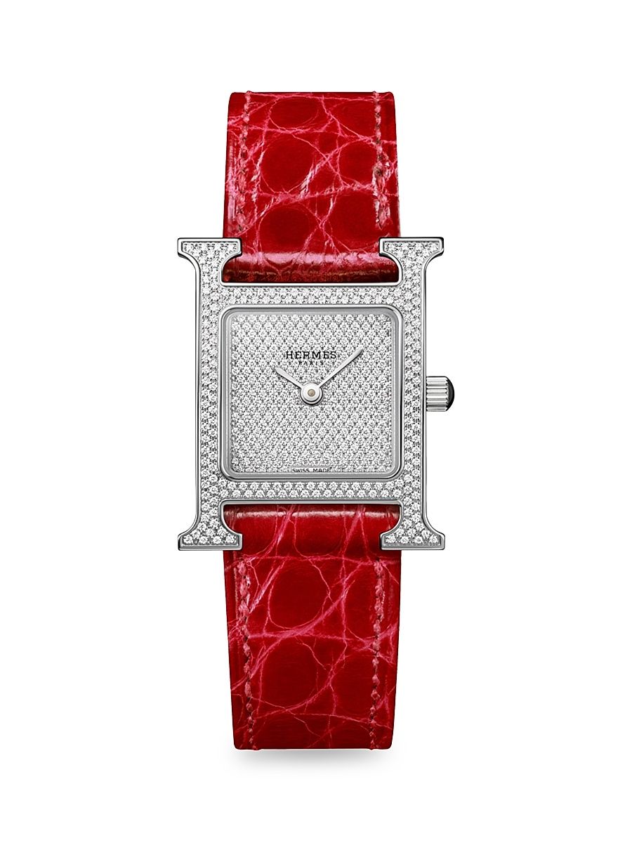 Women's Heure H 25MM Stainless Steel, Diamond & Alligator Strap Watch - Red