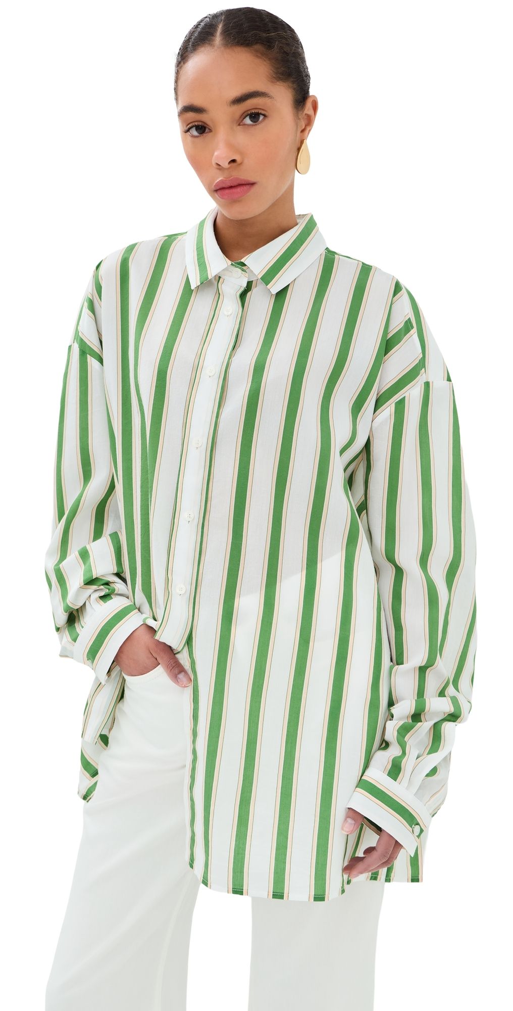 Stella Jean Button Down Shirt Green And White Stripes 38