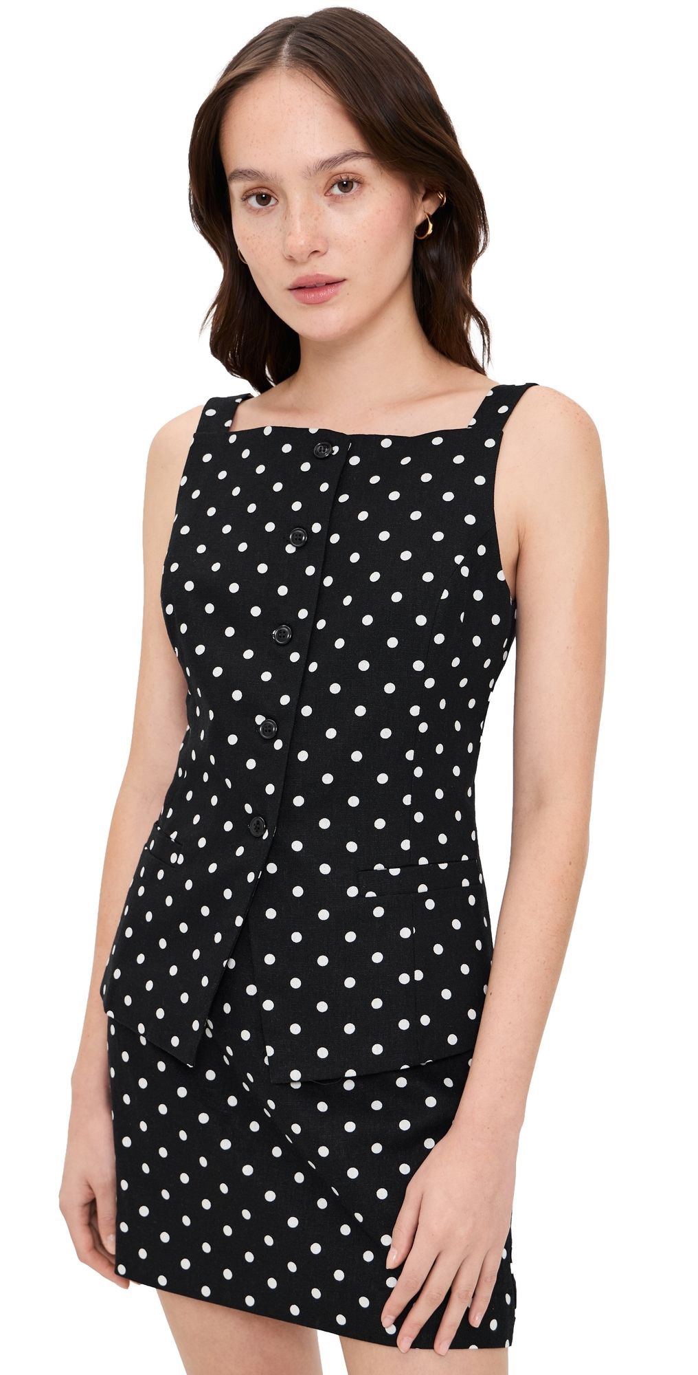 WAYF Joan Button Front Top Black Polka Dot L