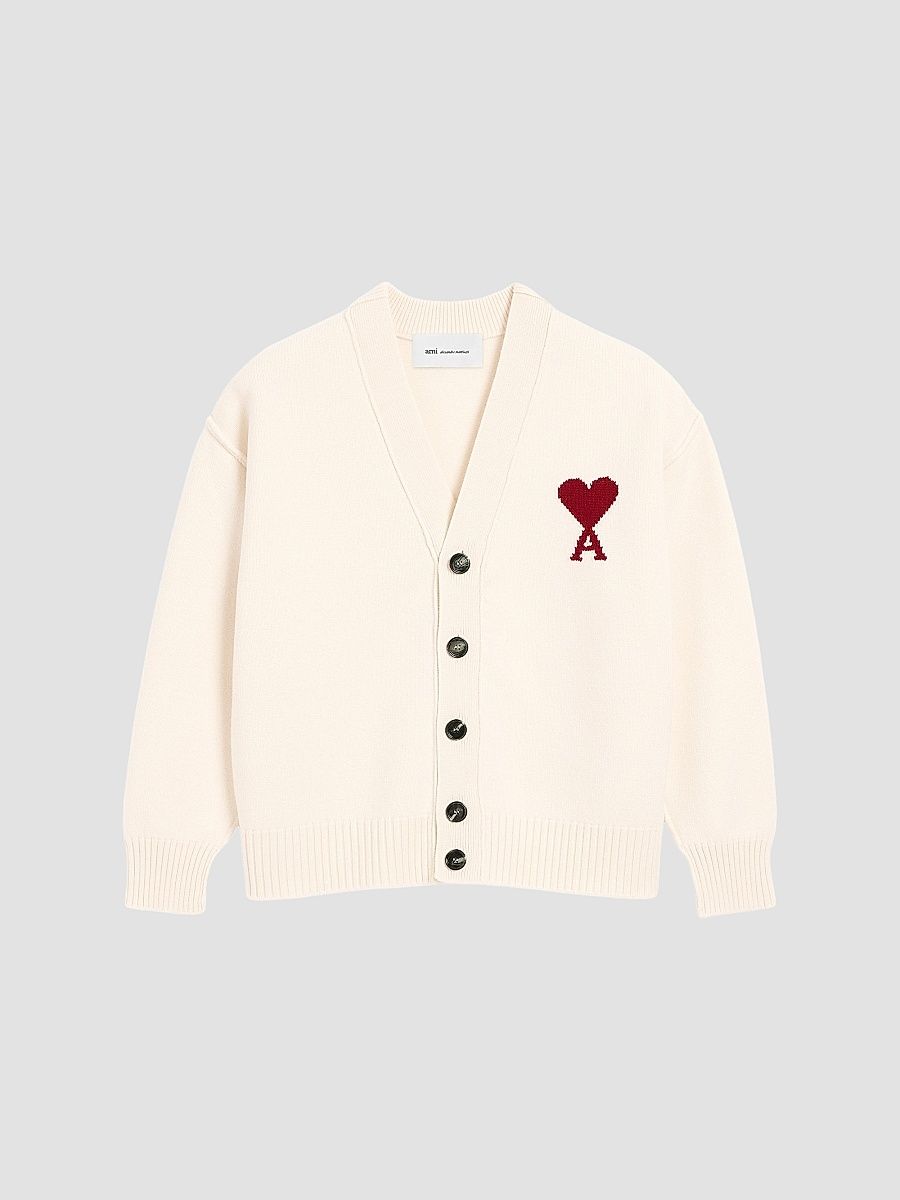 AMI Paris Men's Ami de Coeur Wool Cardigan - Ecru Rouge - Size XXL
