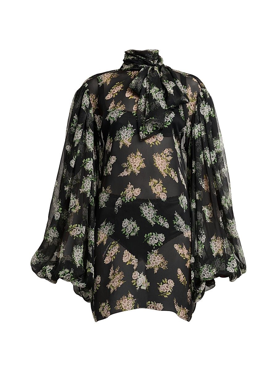 Women's Rose Bouquet Silk Chiffon Tieneck Blouse - Bouq Fiorel Bco Fner - Size 14