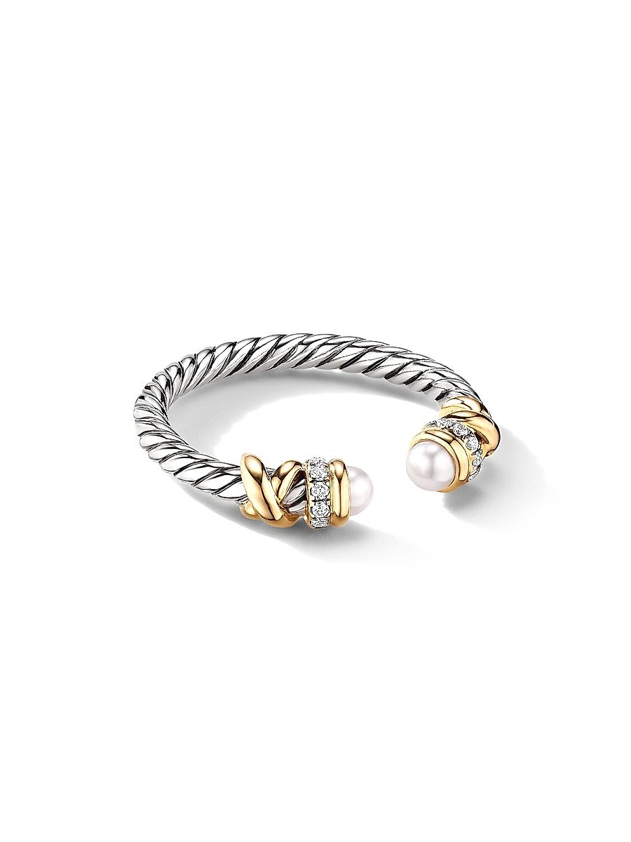 Women's Petite Helena Color Ring with 18K Yellow Gold, Pearls and Pavé Diamonds - Pearl - Size 7