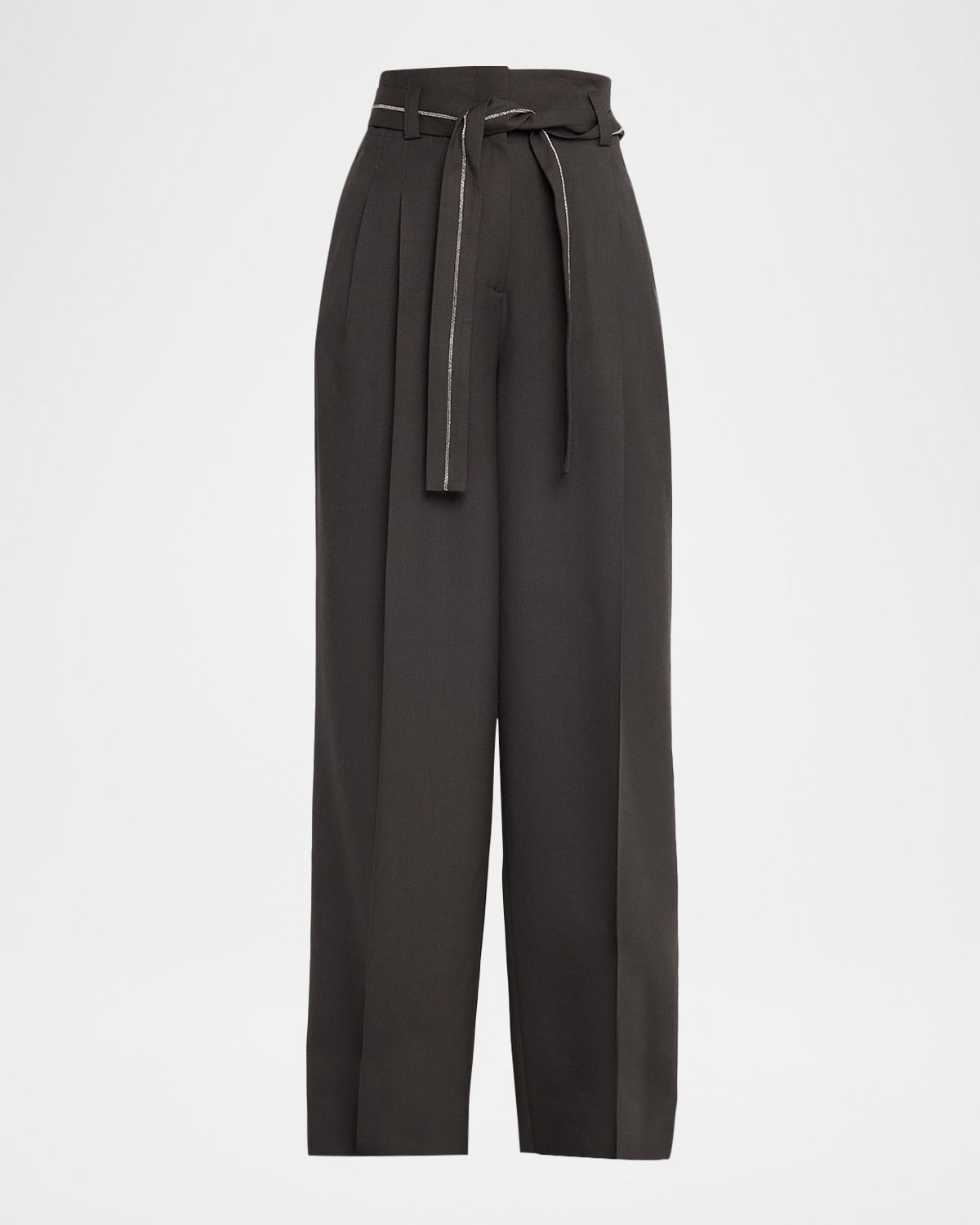 Belted Wide-Leg Wool Flannel Trousers