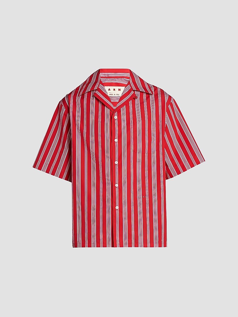 Men's Striped Cotton-Blend Camp Shirt - Lacquer - Size 44