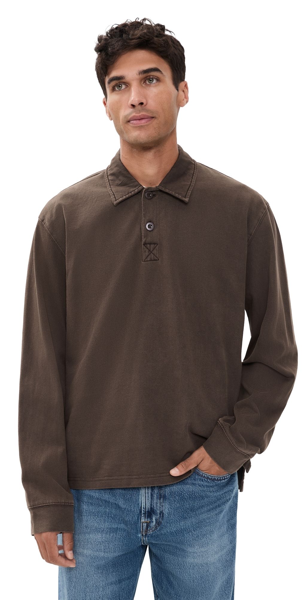 Alex Mill Garment Dyed Rugby Shirt Dark Chocolate XXL