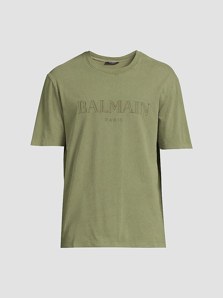 Balmain Men's Logo-Embroidered Cotton T-Shirt - Kaki - Size Small